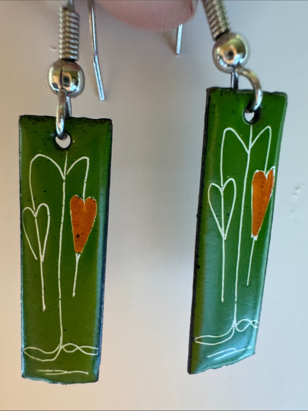 Dainty Handcrafted Green Enamel Heart Dangle Earrings